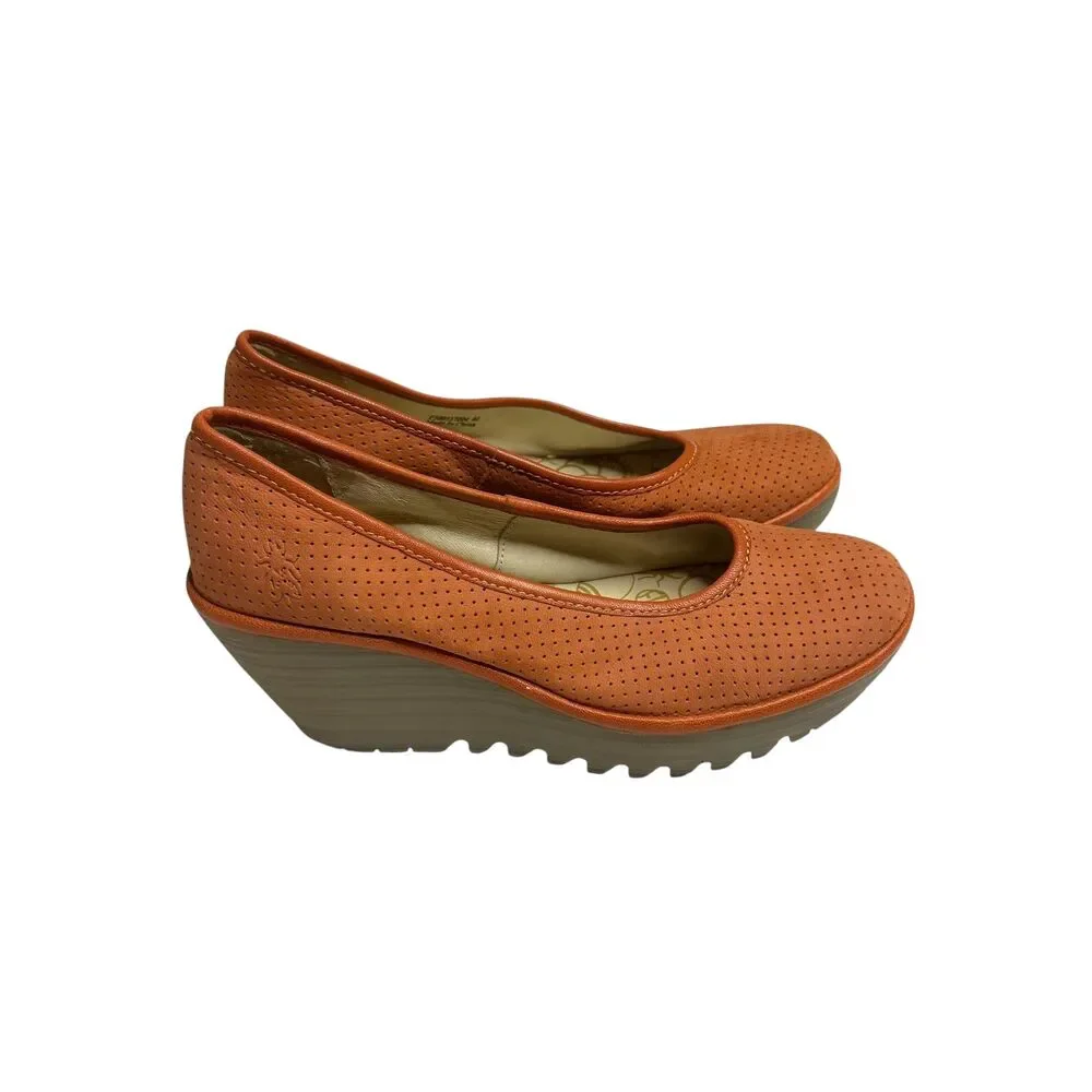 Fly London Leather Wedge Shoe Pump Slip On Women Orange 40 US 10
